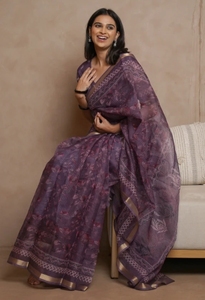Sari de mariage d'automne en polyester imprimé Kota Doria sans plis pour femme KV avec chemisier non cousu - Product Image 5