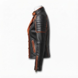Chaqueta de Motociclista de Cuero Genuino para Mujer, Cuello Alto, Doble Botonadura, Manga Larga, Abrigo de Motociclista, Ropa de Abrigo para Otoño - Product Image 4