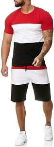 Camiseta de Manga Corta con Cuello Redondo y Bloques de Color para Hombre, Rojo, Blanco y Negro, Informal, para Verano, Tejido de Punto - Product Image 1