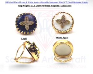 18K Gold Plated <b>Lapis</b> <b>Lazuli</b> & White Agate Adjustable Statement <b>Ring</b> | CZ Floral Designer Jewelry Cocktail <b>Ring</b> - Product Image 4