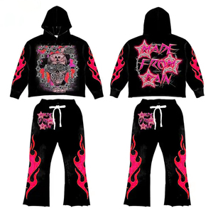 Conjunto de chándal personalizado con estampado de calavera y llamas para hombre, con capucha, manga larga, estilo urbano, conjunto de dos piezas a juego, pantalones acampanados - Product Image 4