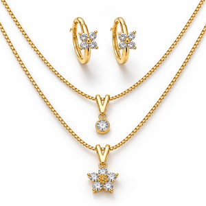 925 Sterling <b>Silver</b> CZ Floral Double-Layer Necklace and Hoop Earrings <b>Jewellery</b> Set for Women Minimalist Design Everyday Wear - Product Image 5