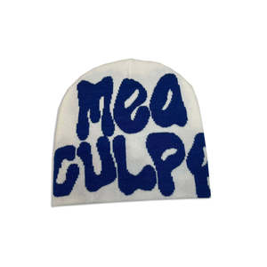 Bonnet unisexe en tricot jacquard à motif lettres blanc et bleu, style urbain, pour adulte, idéal pour l'hiver et les tenues décontractées - Product Image 1