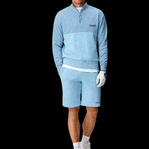 <b>Men's</b> Light Blue Long Sleeve Zipper Knitted Sweatshirt With Matching <b>Shorts</b> Casual Two Piece Set Front Logo Design - Product Image 1