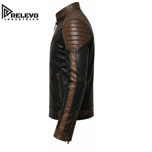 Veste de motard vintage pour homme en cuir bicolore noir et marron, coupe ajustée, style Cafe Racer, avec épaulettes matelassées - Product Image 3