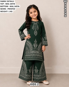 Kids Floral Printed Mal Satin Tunic Set With Wide Leg Pants V-Neck Full Sleeve Vintage Style All Seasons Wear - Product Image 2