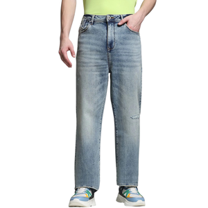 Jeans en denim pour hommes, coupe ample et respirante, style streetwear, jambe droite décontractée, bleu délavé, imprimé uni, vente en gros - Product Image 3