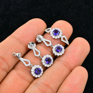 Trendy <b>Sterling</b> <b>Silver</b> Natural Iolite Jewelry <b>Set</b> 925 <b>Silver</b> Pendant Ring & <b>Earrings</b> with Round Iolite Gemstone Fine Jewelry - Product Image 2