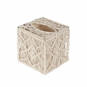 Caja de pañuelos de macramé estilo bohemio de 6x6 pulgadas, cubierta de cuerda de algodón, soporte decorativo para pañuelos, funda para servilletas hecha a mano con forma de cubo para el hogar y la oficina - Product Image 1