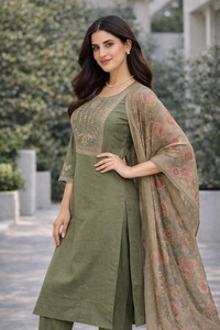 Ensemble Kurti pour femmes très tendance, vert olive, manches 3/4, coton et soie, entièrement cousu, pour les occasions régulières et les occasions festives - Product Image 4
