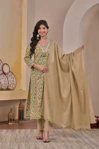 Beautiful 60x60 Cotton Green Straight <b>Kurta</b> Set <b>Women</b> Embroidered Neck Stylish Ethnic Outfit Wedding Party Quick Dry - Product Image 1