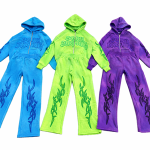 OEM Custom Vintage Streetwear <b>Hoodie</b> Sweatpants Set <b>Lightweight</b> Breathable Heat-Transfer Printed Polyester Fleece Split Hem - Product Image 6