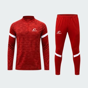 Ensemble de survêtement sportif Ostriya pour homme, imprimé géométrique rouge, manches longues, col zippé, séchage rapide, polyester, collection automne - Product Image 1