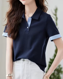 Women's Navy Blue Solid for Shirt Short Sleeve Contrast Trim Casual Eco-Friendly Quick Dry Breathable Regular Length Jersey - Product Image 3