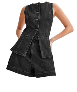 Wholesale Custom Ladies <b>Denim</b> Washed <b>Denim</b> Crop Top and <b>Skirt</b> Trendy Summer <b>Denim</b> Women <b>Denim</b> <b>Skirt</b> Set - Product Image 2