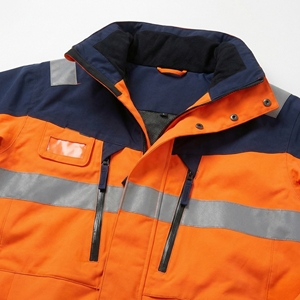Orange/Navy Safety Jacket <b>Waterproof</b> Breathable <b>Work</b> Parka with Reflective Tape, Chest Zips & Storm Flap OEM / Private Label - Product Image 4