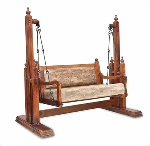 Elegant dark wood swing featuring a protective canopy roof and striped upholstery <b>cushions</b>, available at wholesale prices. - Product Image 2