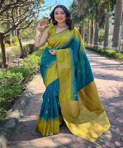 Sari Tradicional Indio de Seda para Mujer, Estilo Banarasi, Verde Azul, Largo hasta el Suelo, Vestido de Boda, Ropa Étnica para Todas las Temporadas - Product Image 1