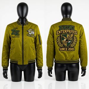 Blouson Bomber d'Hiver à Capuche pour Femme, en Polyester Premium 220 GSM, Satin Vert Aviateur, avec Broderie Chenille Personnalisée et Patch Appliqué Style Universitaire - Product Image 1