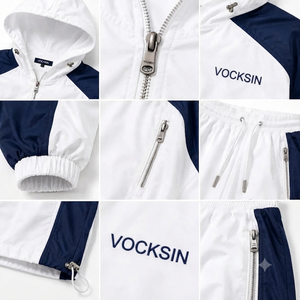 Vocksin – Survêtement coupe-vent à capuche blanc et bleu marine pour femme, séchage rapide, 100 % polyester, imperméable, veste zippée, pantalon large longueur intégrale - Product Image 3