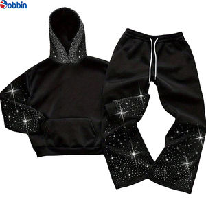 Ensemble de survêtement tendance avec logo personnalisé et strass pour homme, style streetwear, sweat à capuche et pantalon de jogging, tenue deux pièces en strass OEM - Product Image 6