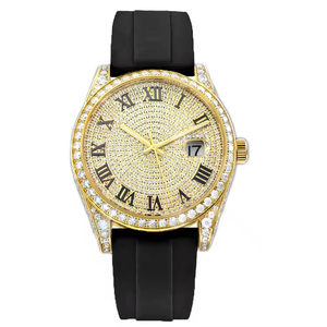 Montre de luxe pour hommes en or avec cadran en diamant et bracelet en silicone noir, affichage analogique de la date, boîtier rond de 40 mm - Product Image 2