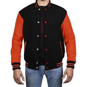 Chaqueta de invierno de moda y alta calidad con mangas de cuero genuino para hombre, con logo bordado en chenilla, unisex. - Product Image 1