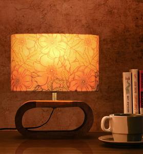 Midcentury Wood Table Lamp with Floral Fabric Rectangular Shade Warm White LED Light for Bedroom <b>Decorative</b> <b>Lighting</b> - Product Image 3