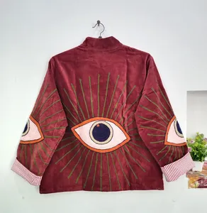 Veste traditionnelle Suzani brodée à col montant pour femme, en velours de luxe, avec applique œil porte-bonheur, style bohème, vêtement d'extérieur tendance - Product Image 3