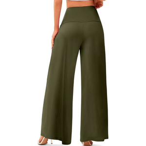 Pantalon large taille haute pour femme, couleur unie, longueur intégrale, décontracté, été, tissu respirant, taille élastique, poches - Product Image 2