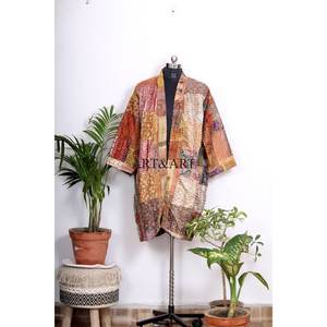 Indian Handmade Bohemian Silk Patchwork Kantha <b>Kimono</b> Robe <b>Women</b> Elegant Summer Beachwear Sleepwear Breathable Belt Tie Front - Product Image 1