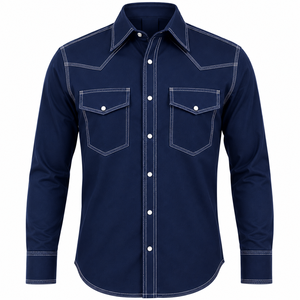 Chemise de travail pour homme bleu marine, style western, personnalisable, à manches longues, avec poches poitrine, coupe confortable, sérigraphiée, pour soudeurs - Product Image 1