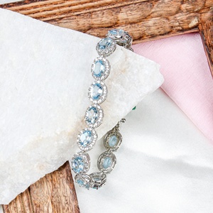 Wholesale 925 Sterling Silver Natural Oval Blue Topaz Cubic Zirconia Halo Tennis Bracelet Memoria Jewels - Product Image 4