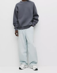 <b>Men's</b> Oversized Long Sleeve O-Neck Sweatshirt Solid Color Casual Knitted 100% Cotton Regular Fit Gray available in various color - Product Image 3