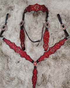 Ensemble de sellerie western en cuir véritable avec strass rouges, léger, avec têtière et collier de poitrail, personnalisation disponible - Product Image 6