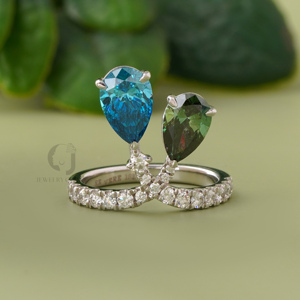 2.63 Carat Pear Cut Blue and Green Lab Diamond Toi et Moi <b>Ring</b> Pave Band 14k Gold <b>Two</b> <b>Stone</b> Unique Luxury Engagement <b>Ring</b> - Product Image 1