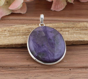 Collar de Charoita Natural con Colgante de Plata de Ley 925 con Baño de Platino, Engaste de Bisel, Gema de Remolino Púrpura, Estilo Vintage Unisex - Product Image 2