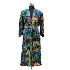 Blue Hand Block Print Hippie & Bohemian Maxi Wholesale Beachwear Women's Nighty Indian Long Robe Gown Kimono