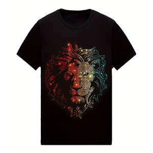 เสื้อยืดแฟชั่นผู้ชายขายส่งปี 2024 เสื้อยืดแขนสั้นผ้าฝ้ายถักสีดำประดับเพชรทรงสลิมโอเวอร์ไซส์สำหรับฤดูร้อน - Product Image 1