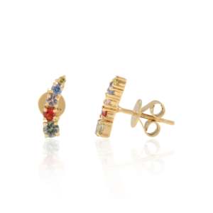 18K Solid <b>Gold</b> Multi Gemstone Dainty <b>Climber</b> Stud <b>Earrings</b> with Pear Cut Diamond Emerald Sapphire - Product Image 2