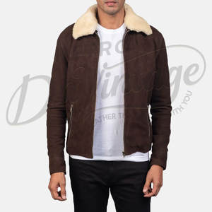 เสื้อแจ็คเก็ตนักบินหนังกลับสีน้ำตาลเข้มสำหรับผู้ชาย  คอปกขนเฟอร์เทียมสีครีม  ทรงเข้ารูป  ให้ความอบอุ่นในฤดูหนาว  แบบซิป  ทรงบอมเบอร์ - Product Image 1