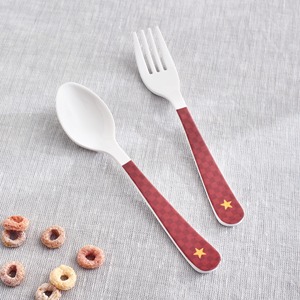 White Plastic Spoon And Fork Set With Red Checkered Handles Cute Design For Children Bpa Free Matte Finish - Product Image 1