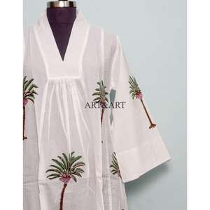 Vestido Midi de Algodón Blanco Hecho a Mano para Mujer, Estilo Boho, Corte Holgado, Estampado a Bloque Ecológico, Informal, para Vacaciones - Product Image 3