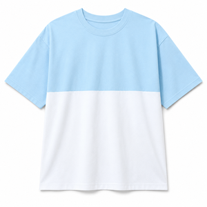 T-shirt Homme Oversize Color Block Manches Courtes Col Rond Décontracté Tricoté 100% Coton Blanc Uni et Bleu Clair - Product Image 1