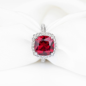 Women's 925 Sterling Silver Ruby <b>Cushion</b> Cut Halo Cocktail Ring Rhodium Plated Luxury <b>Statement</b> Fine Jewelry - Product Image 1