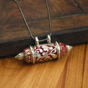 Openable Cylinder Locket Pendant Necklace Brass Antique Silver Green Enamel Floral Engraved Prayer <b>Box</b> <b>Keepsake</b> Indian Jewelry - Product Image 6