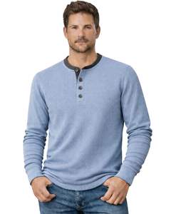 <b>Mens</b> Waffle Henley Long Sleeve <b>Thermal</b> T Shirt Sky Blue Casual Button Neck Winter Wear <b>Top</b> Cotton Slim Fit Breathable Fabric - Product Image 1