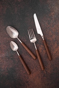 Ensemble de couverts de cuisine modernes en métal avec manche en bois, en acier inoxydable, cuillère, fourchette, couteau, ustensiles de table élégants et durables - Product Image 2