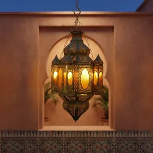 Vintage Iron and Glass Hanging Lantern with Ornate <b>Moroccan</b> Design Decorative Pendant <b>Lighting</b> for Home Garden Patio Interiors - Product Image 5
