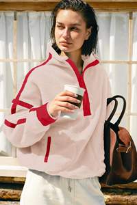 Sudadera con capucha para mujer, oversize, beige, con paneles en contraste, media cremallera, de forro polar, manga larga, estilo casual urbano, corte holgado, estampado personalizado - Product Image 3